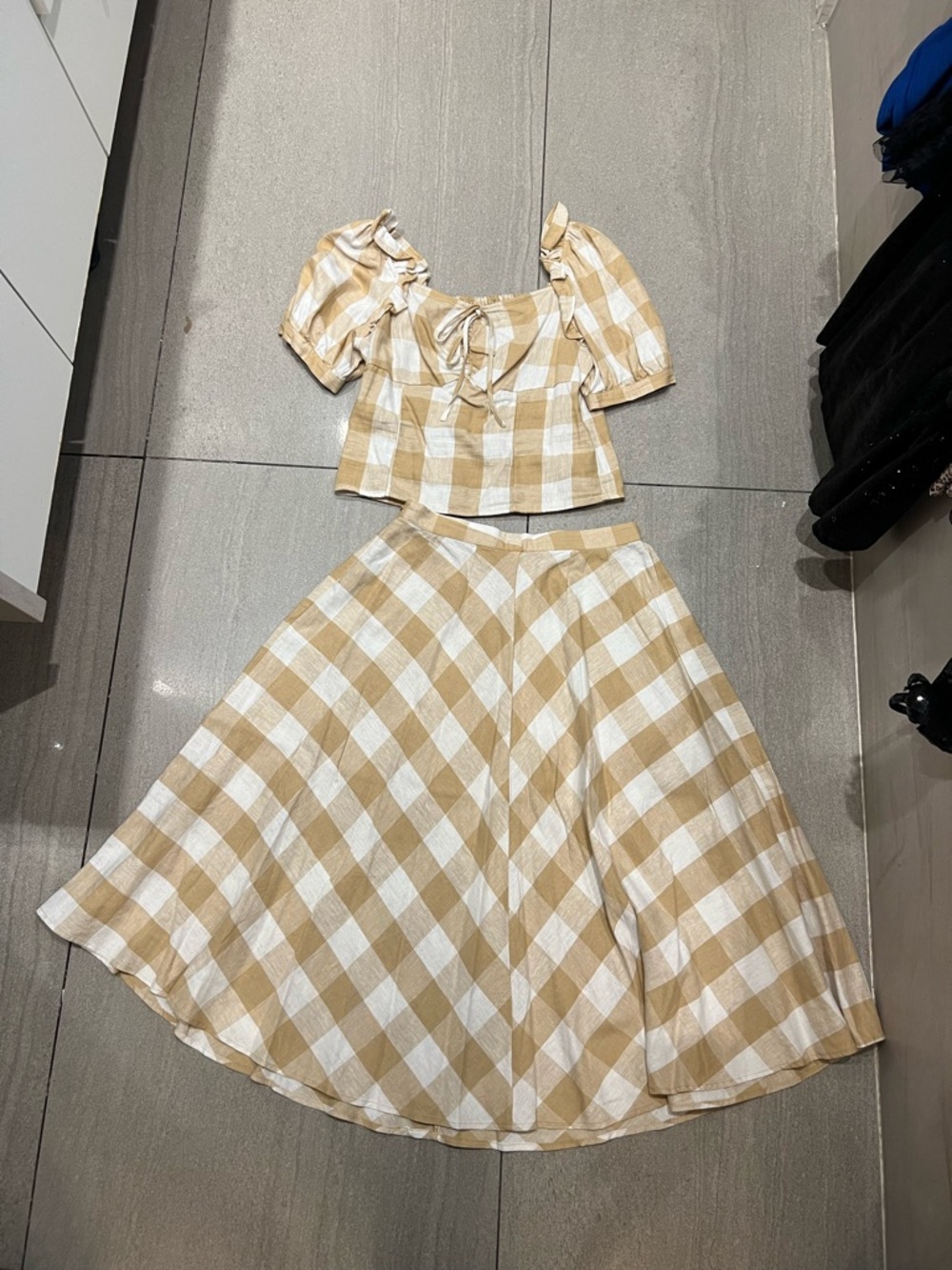 Who What Wear Beige and White Gingham Two-Piece Set